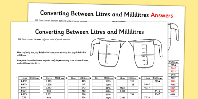 Converting Between Litres And Millilitres Worksheet   Activity