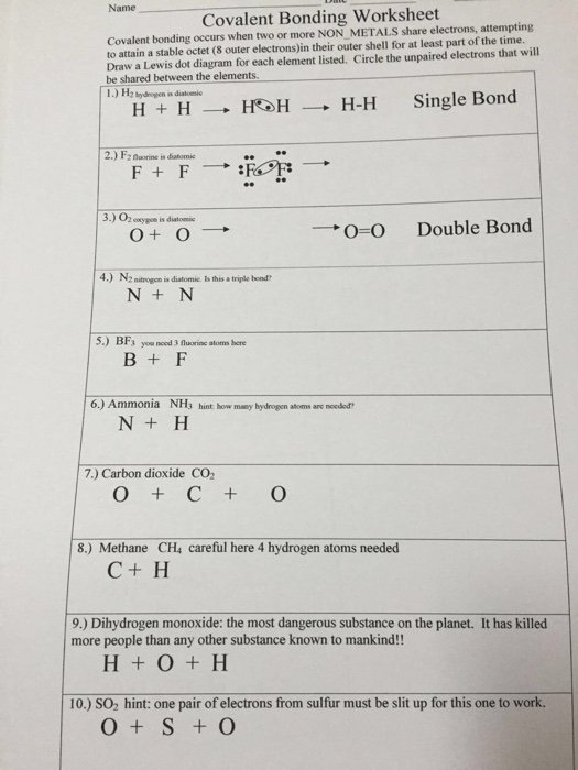 Covalent Bonding Worksheet Answers Covalent Bonding Worksheet
