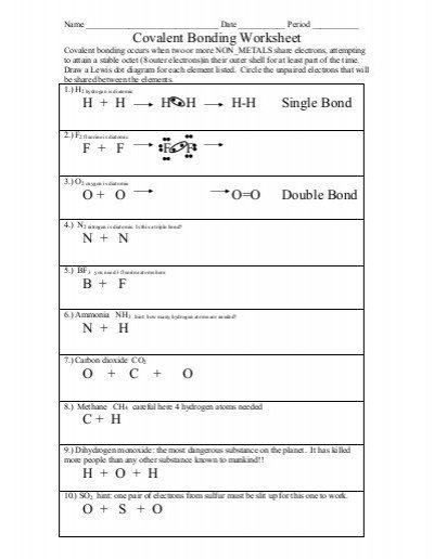 Covalent Bonding Worksheet Answers Covalent Bonding Worksheet