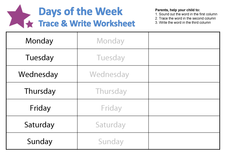 Days Of The Week Printable Worksheets 595305