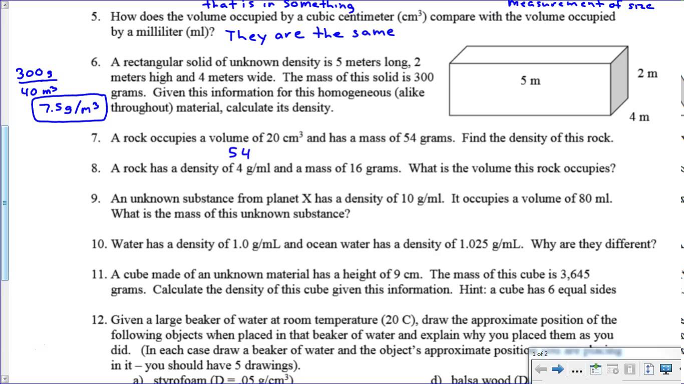 Density Mass Volume Worksheet Images