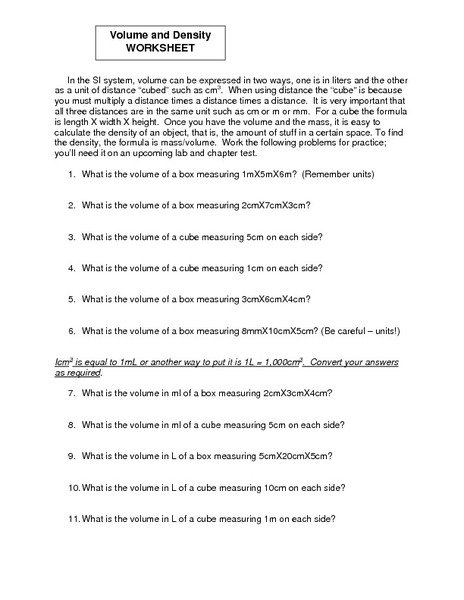 Density Worksheet Density Worksheet Physical Science Worksheets