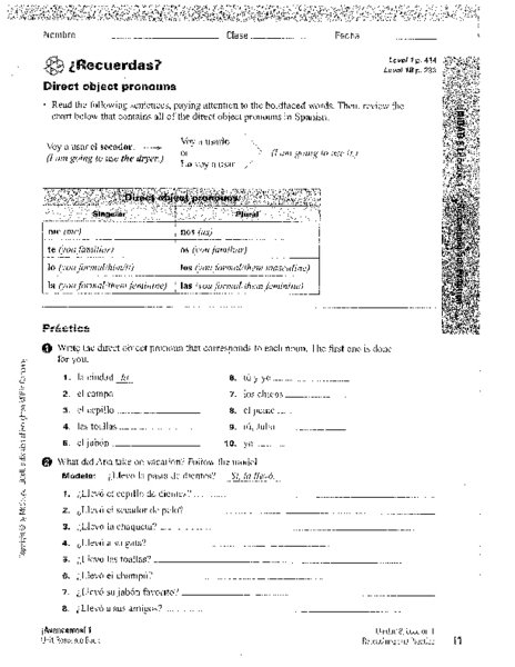 Direct Object Pronouns Spanish Free Worksheets