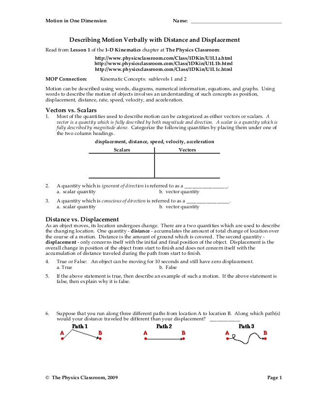 Distance And Displacement Worksheet Answers Distance And