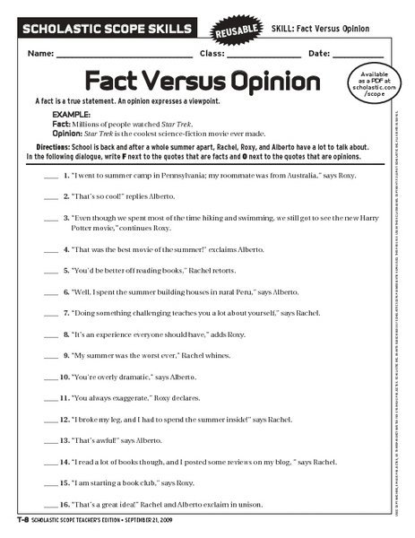 Fact And Opinion Worksheets Middle School The Best Worksheets