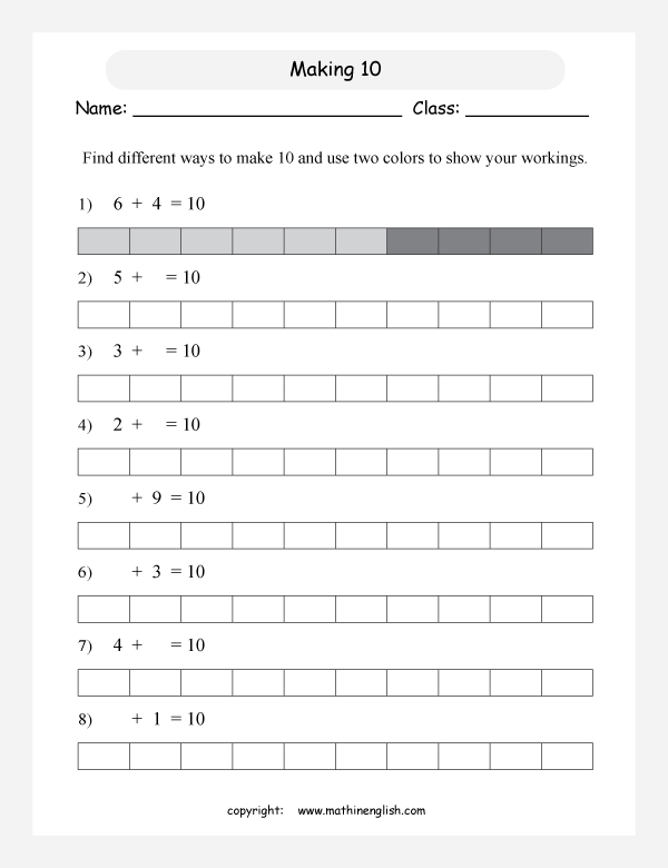 Find Different Combinations Of Numbers To Make 10 And Color Blocks