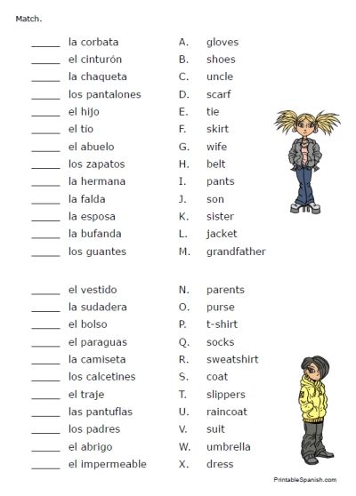 Free Clothing & Family Spanish Vocabulary Matching Worksheet From