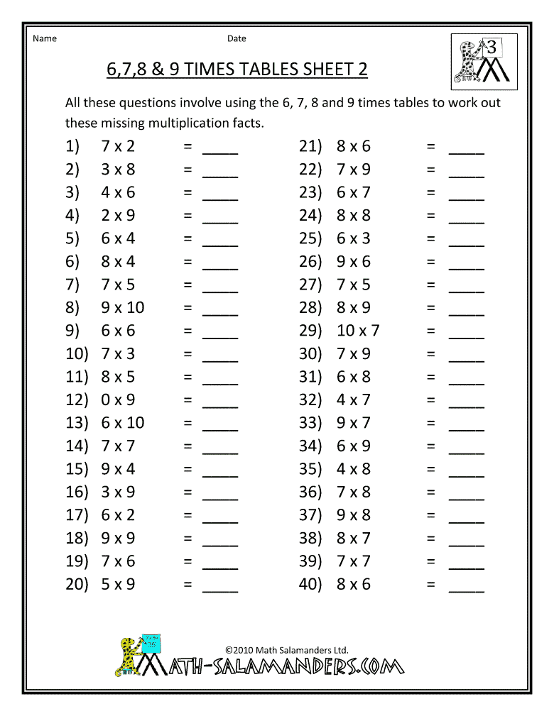Free Math Sheets Multiplication 6 7 8 9 Times Tables 2gif, 8 Times