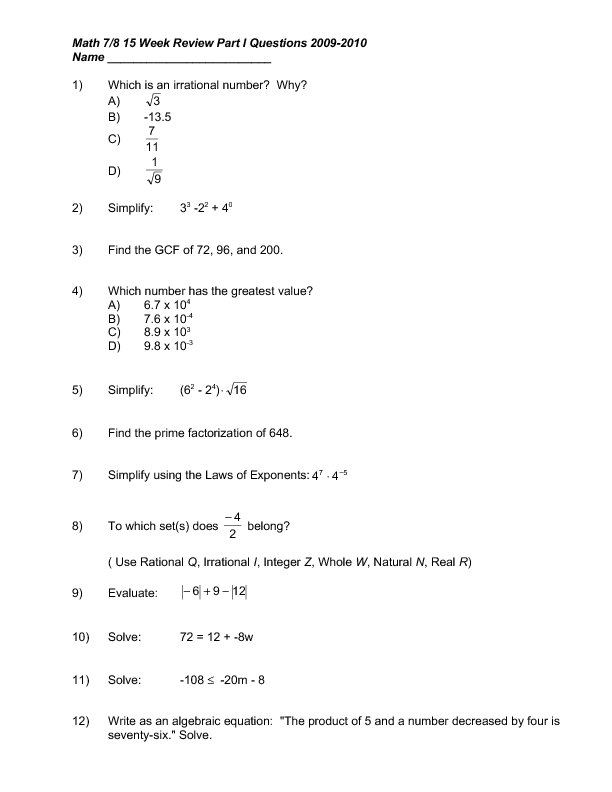 Free Math Worksheets For 6th Grade Pre Algebra 357497
