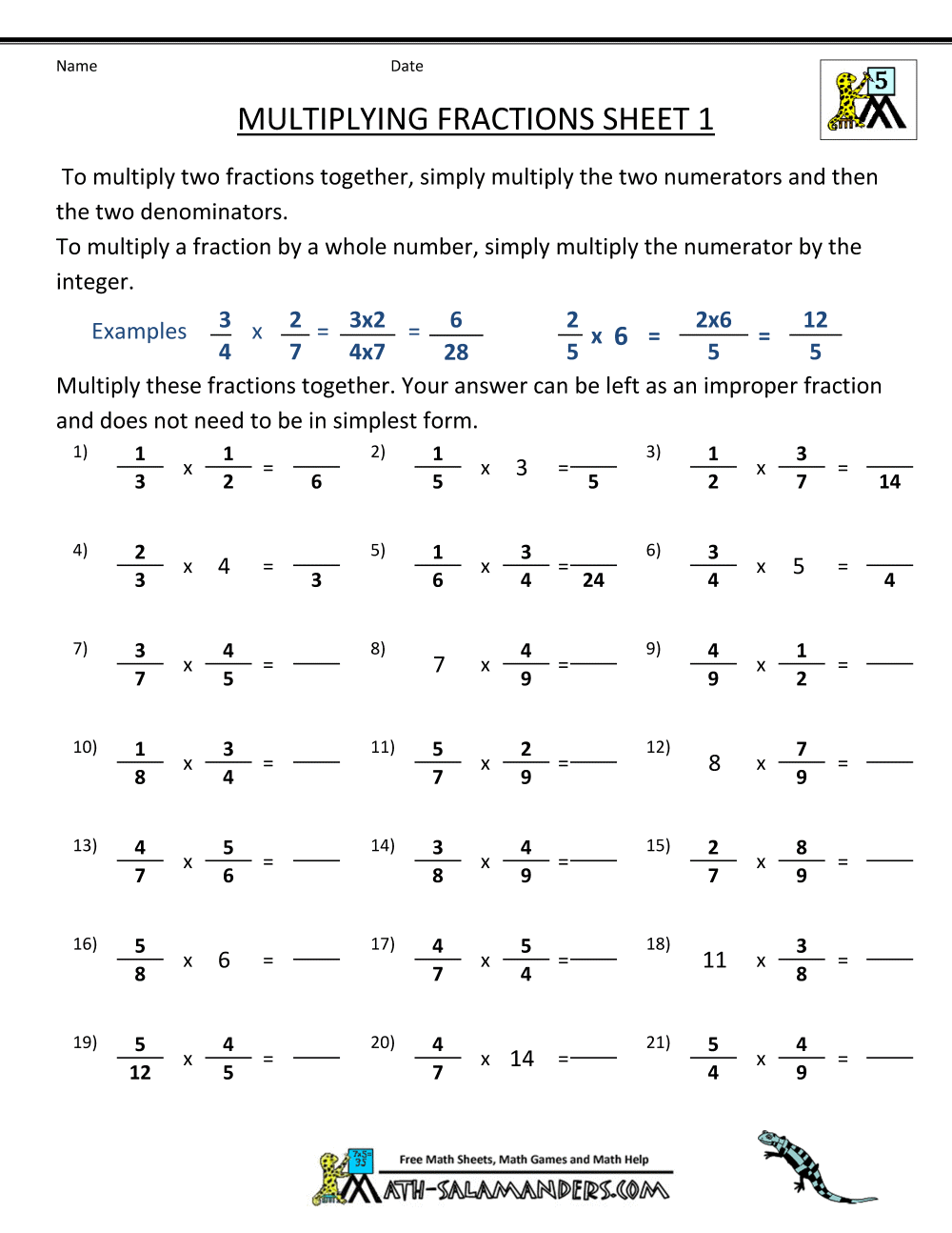 Free Math Worksheets Multiplication And Division Of Fractions