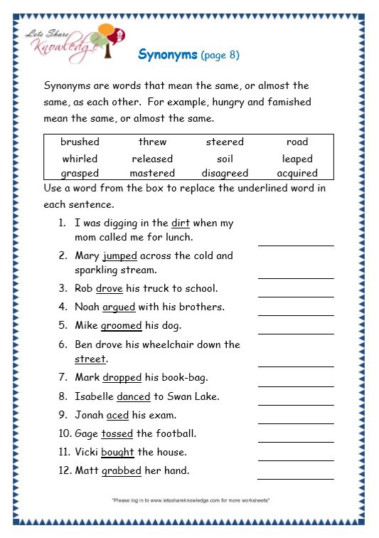 grade 3 grammar topic 27 synonyms worksheets free