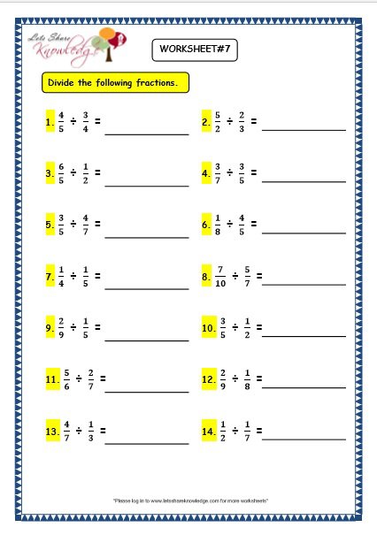 Grade 3 Maths Worksheets  (7 8 Multiplying And Dividing Fractions