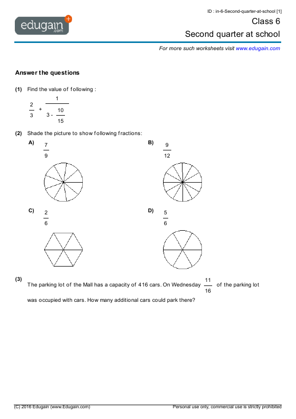 Grade 6 Math Worksheets And Problems  Second Quarter At School