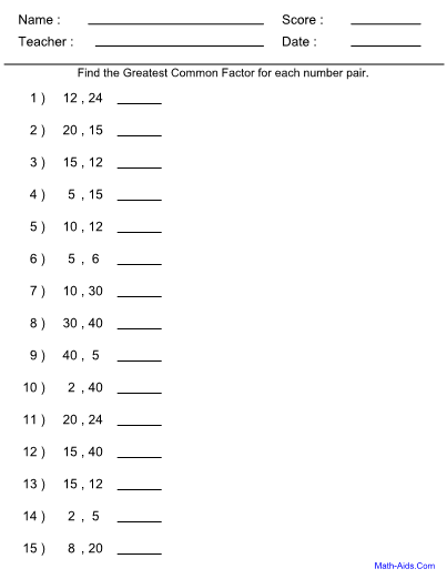 Greatest Common Factor Worksheets Free