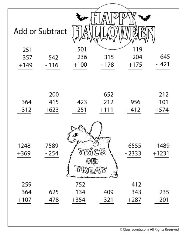 Halloween Math Worksheets Addition Subtraction 459986
