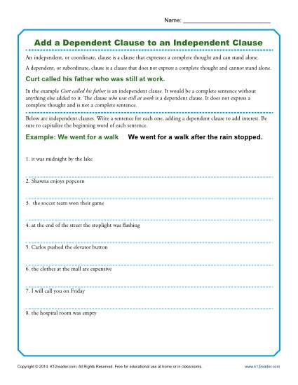 Independent And Dependent Clauses Worksheet Add A Dependent Clause