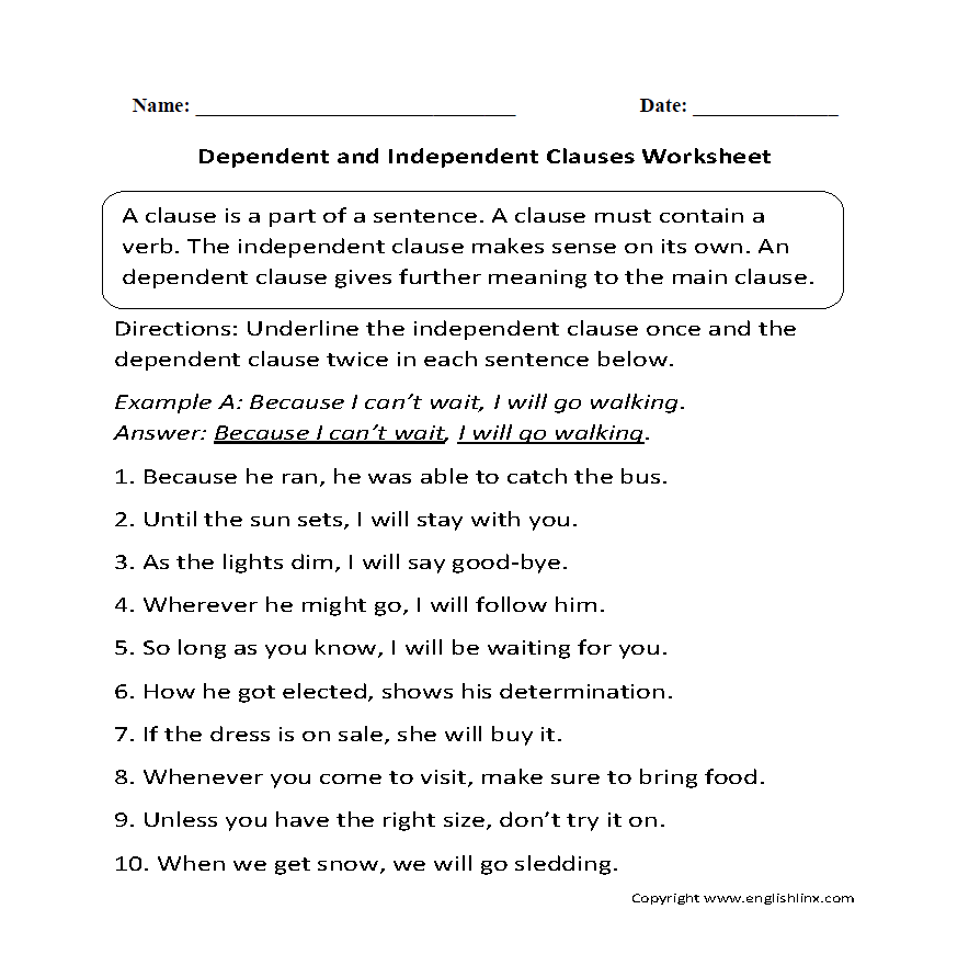 Independent And Dependent Clauses Worksheet Is It An Independent