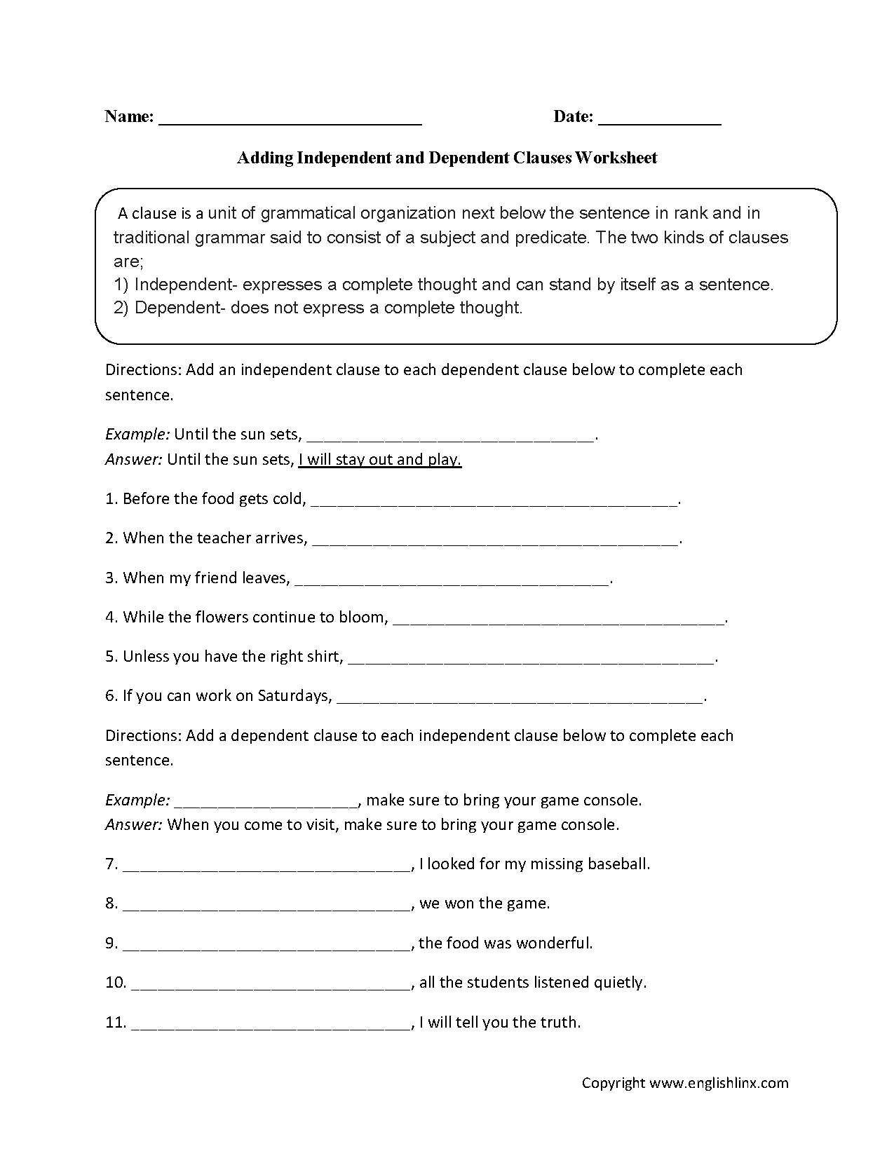 Independent Dependent Clause Worksheet The Best Worksheets Image