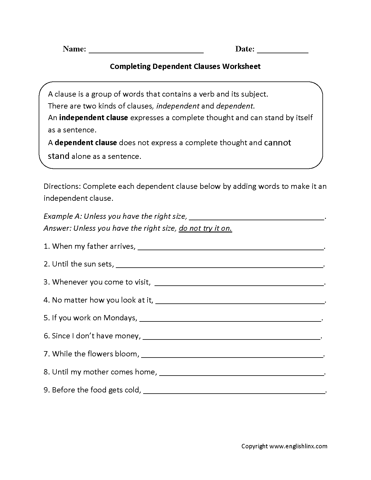 Independent Dependent Clause Worksheet The Best Worksheets Image