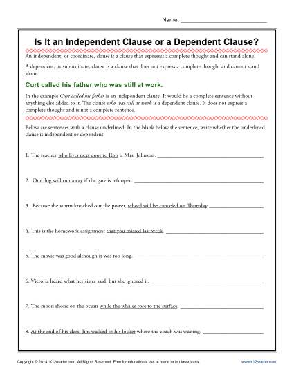 Free Printable Independent And Dependent Clauses Worksheets For Fifth Grade