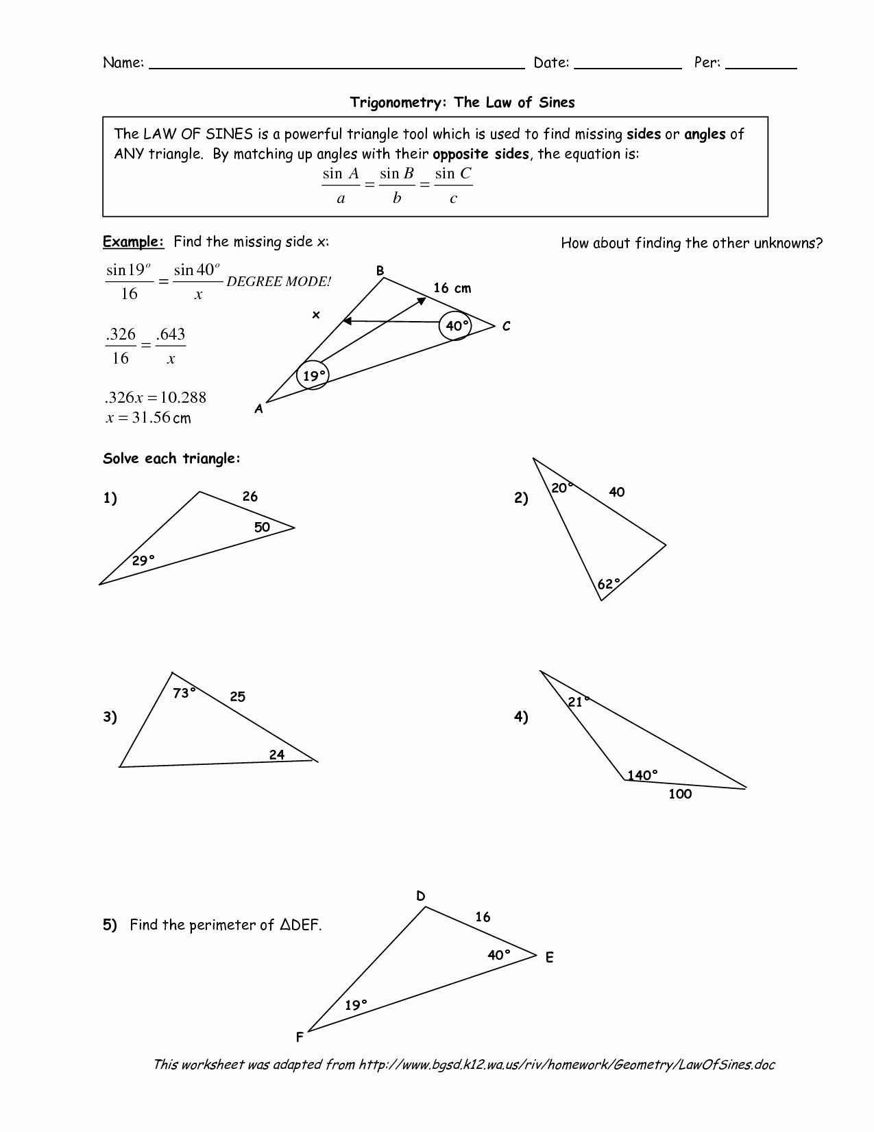 Law Of Sines Worksheets