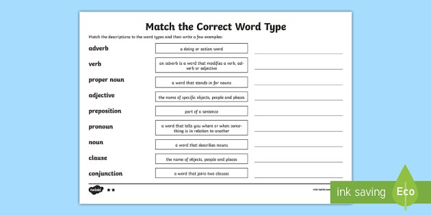 Match The Correct Word Type Worksheet