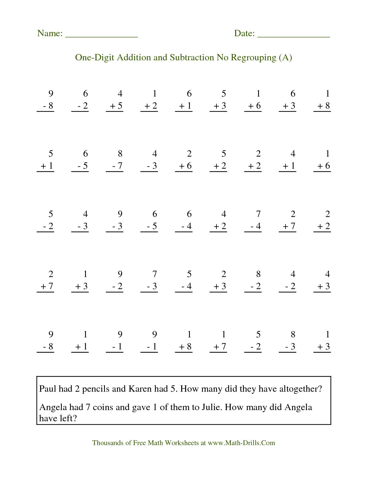 Math One Digit Subtraction Worksheets 1456526