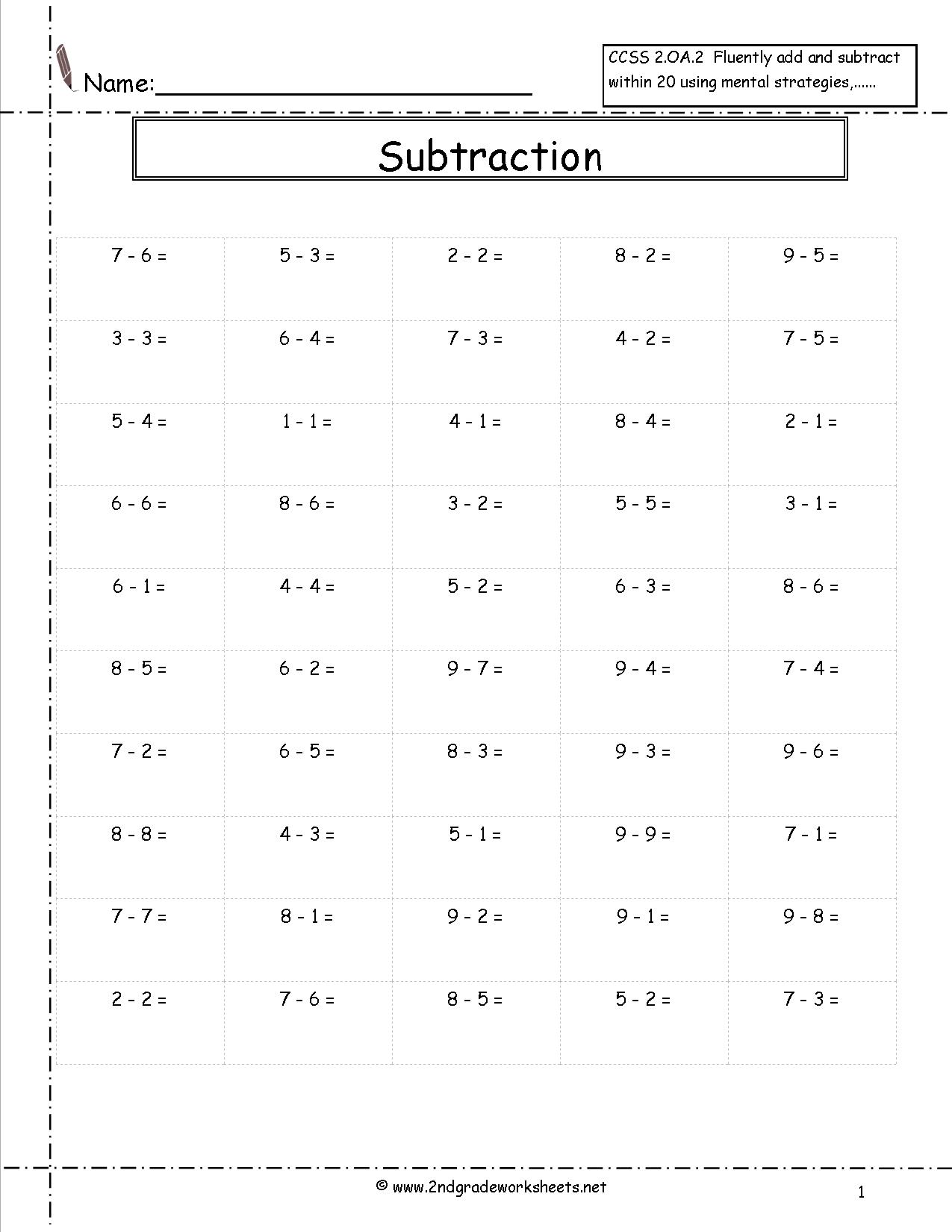 Math One Digit Subtraction Worksheets 1456532