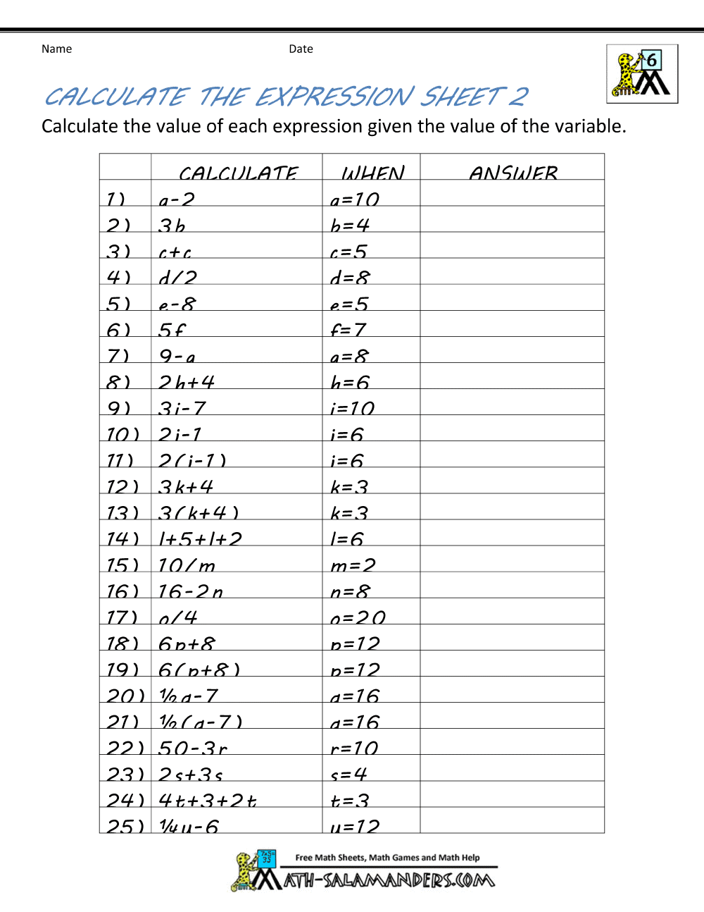 Grade 6 Math Worksheets Algebra