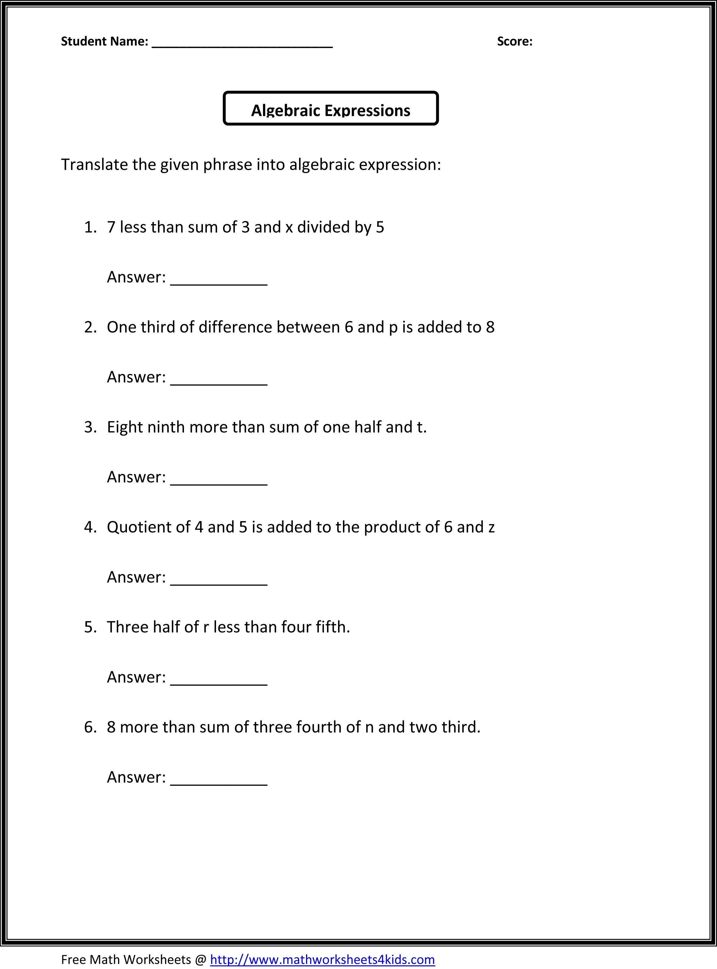 Grade 6 Math Worksheets Algebra