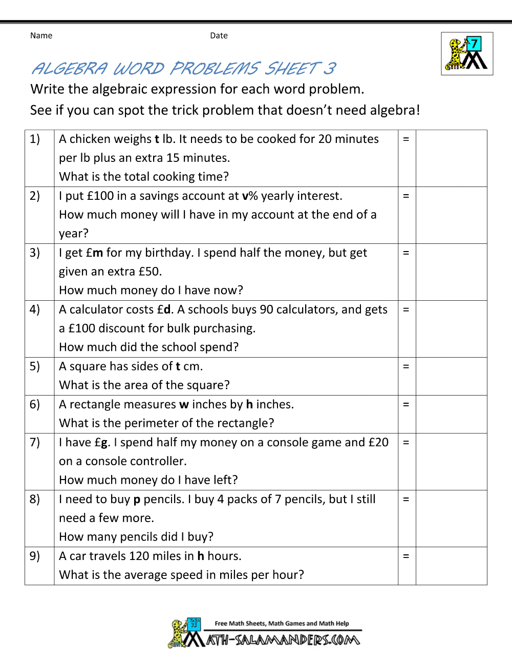Math Worksheets Algebra Word Problems 147484