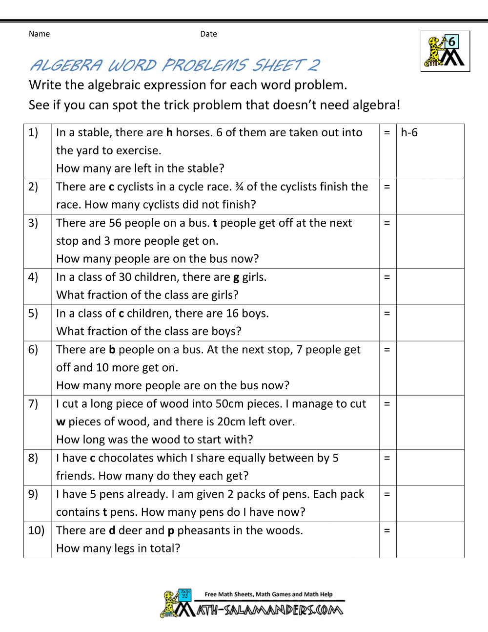Math Worksheets Algebraic Expressions Word Problems 148541
