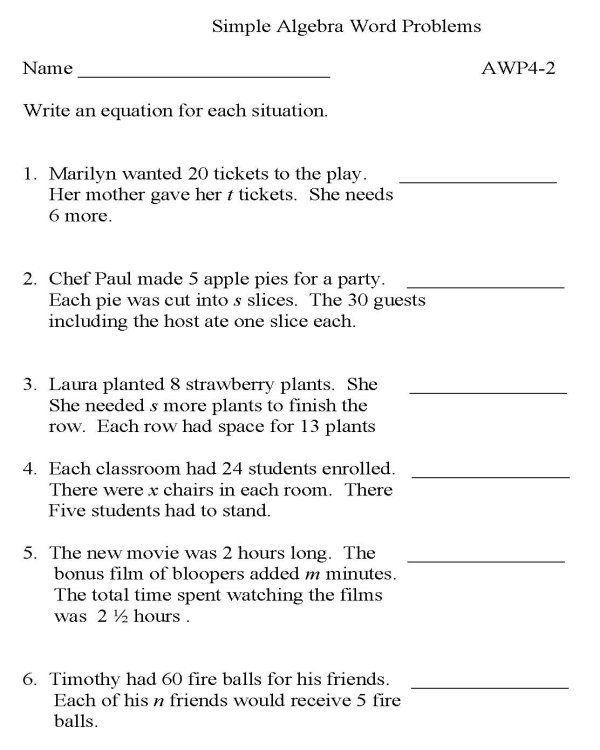Math Worksheets Algebraic Expressions Word Problems 148542