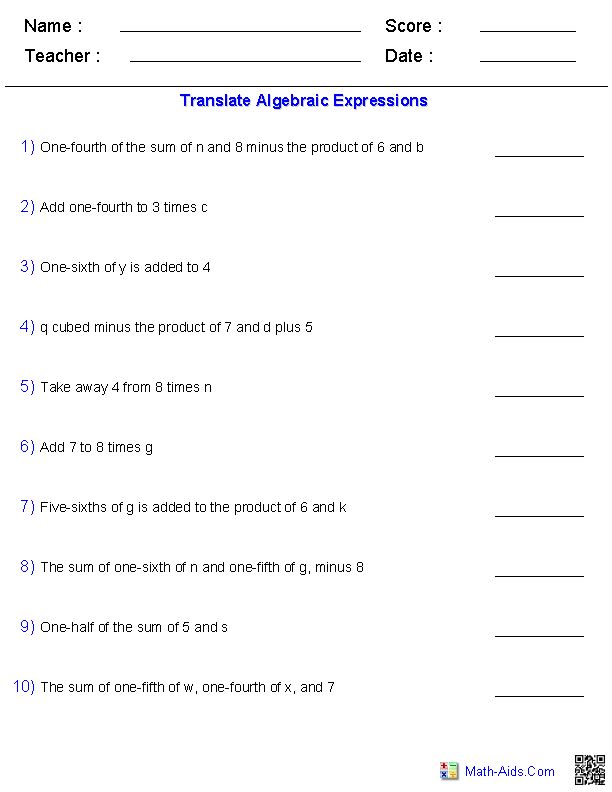 Math Worksheets For Grade 6 Algebraic Expressions 698094