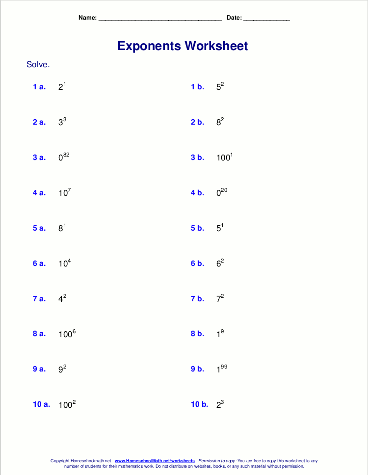 Math Worksheets On Exponents For Grade 8 947750