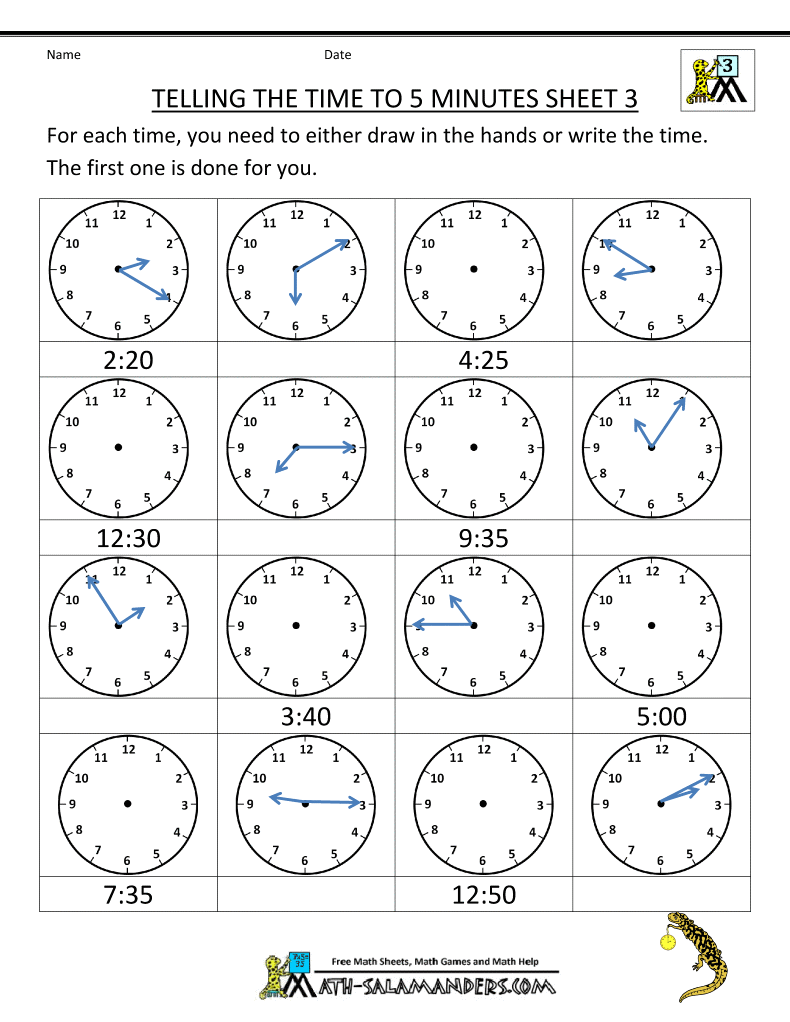 Math Worksheets Telling Time 5 Minutes 1265889