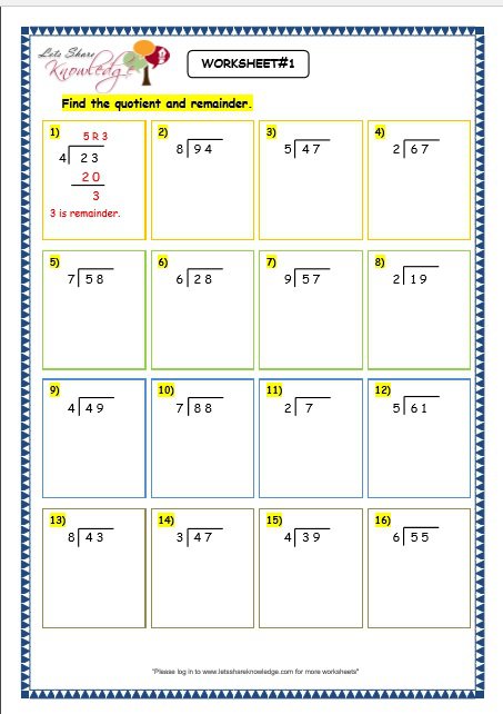 Maths Division Worksheets Grade 3 129283