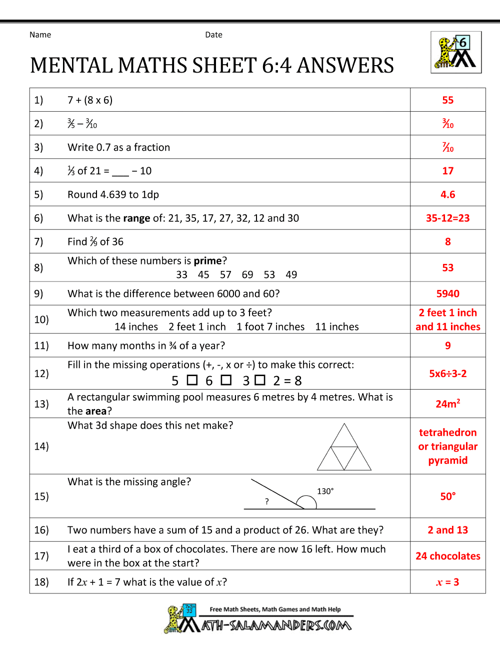Maths Worksheets For Grade 6 With Answers 76861