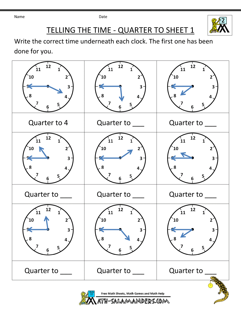 Maths Worksheets Time Quarter Past 1131066