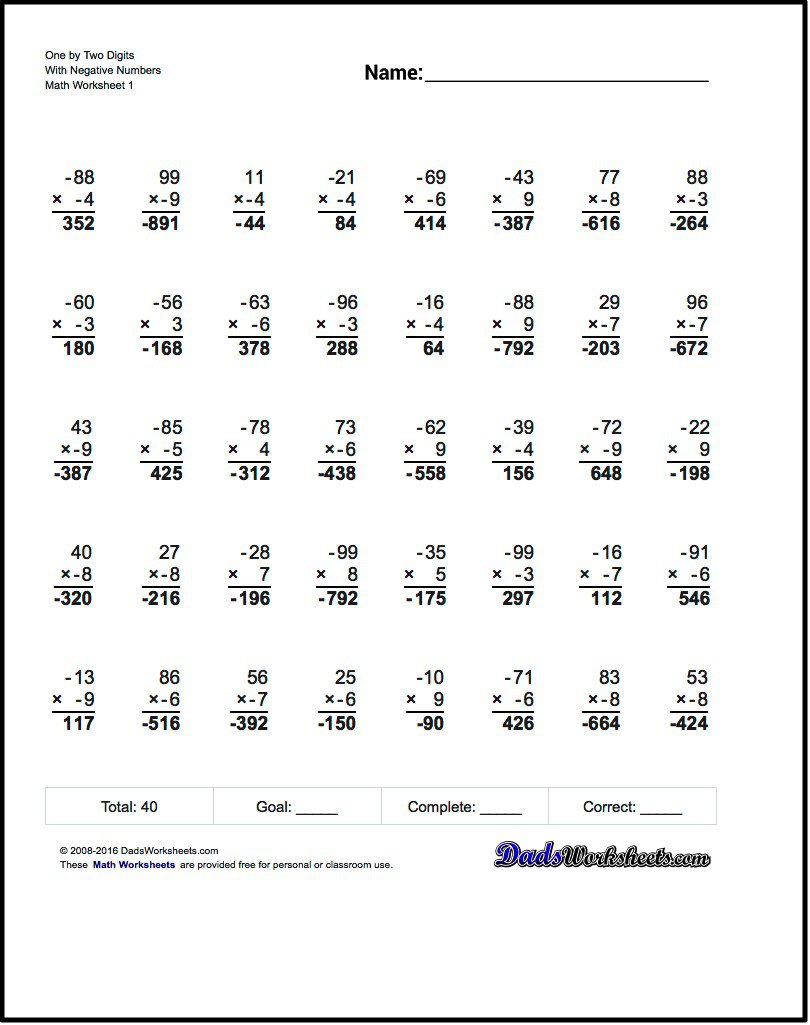 Multiplication And Division Worksheets With Negative Numbers