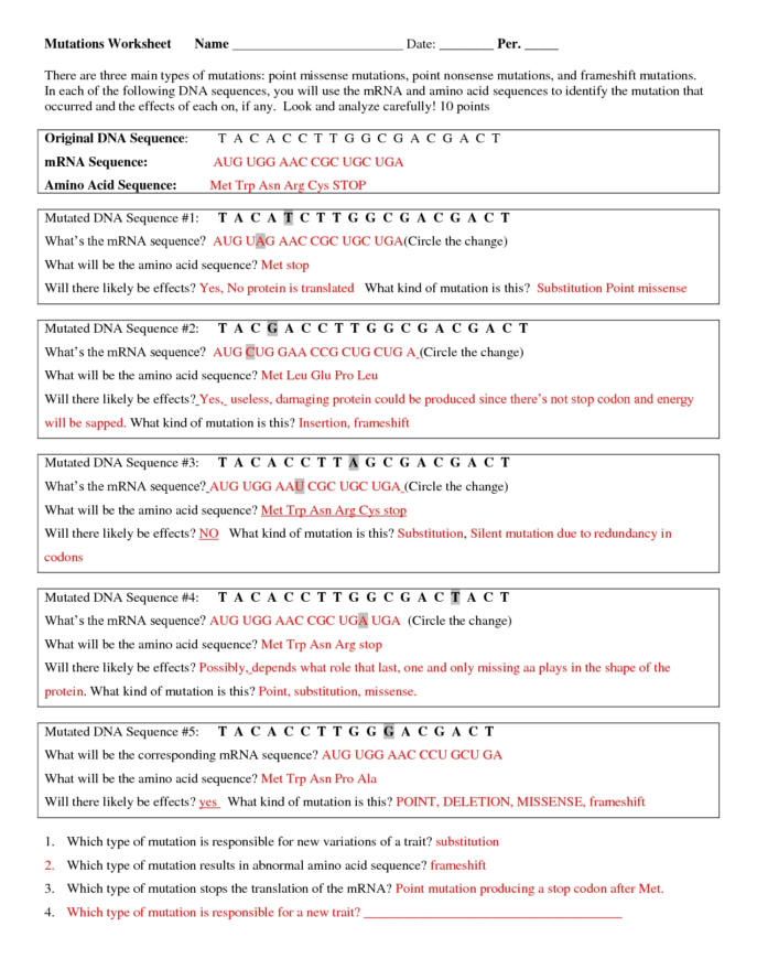 Mutations Worksheet Gene Mutations Worksheet Homeschooldressage