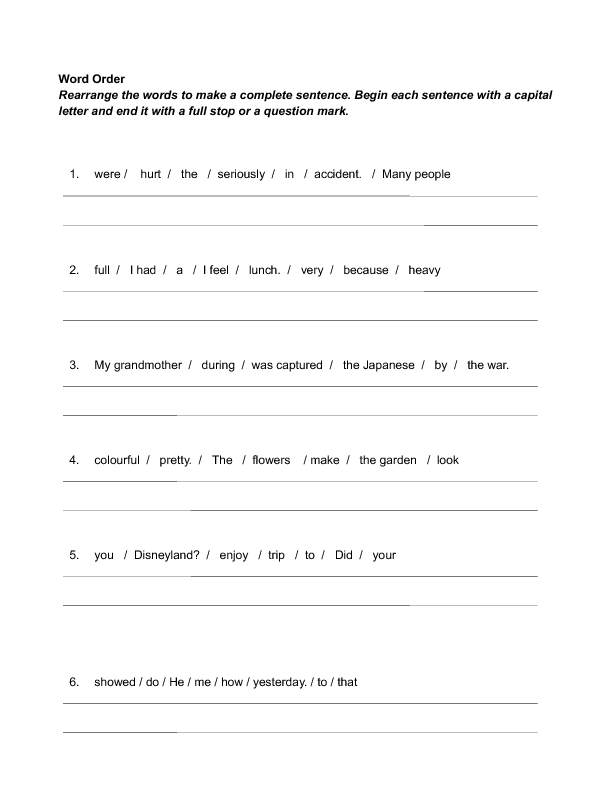 Order The Sentences Worksheets