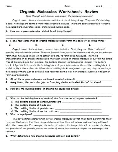 Organic Molecules Worksheet Review Organic Molecules Worksheet