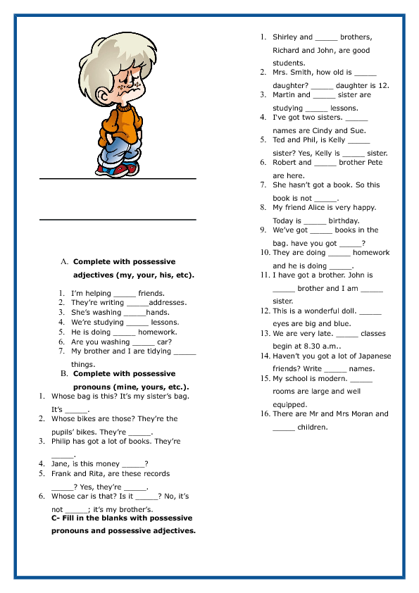 Possessive Adjectives Worksheets For Kindergarten 797065
