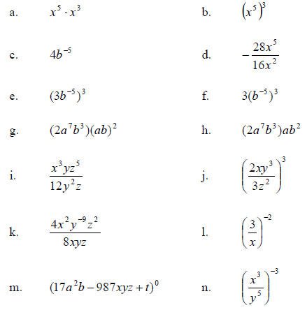 Simplifying Exponential Expressions Worksheets