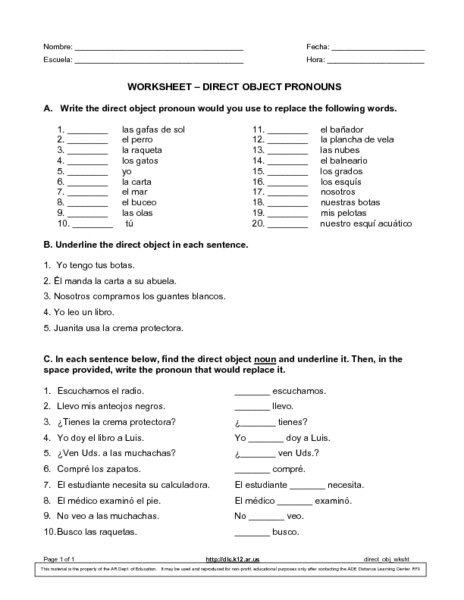 Free Printable Worksheets On Direct Objects