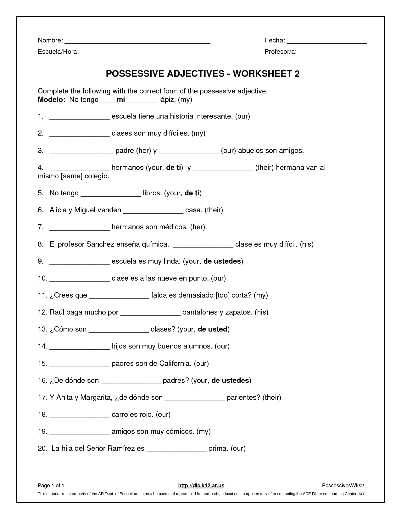 Spanish Possessive Pronouns Worksheet 53523