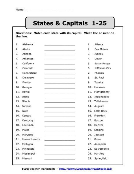 States And Capitals Worksheets 5th Grade States And Capitals