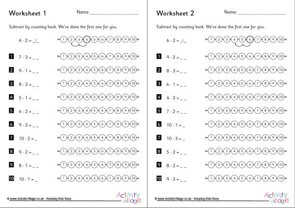 Subtraction By Counting Back Worksheets Set 1