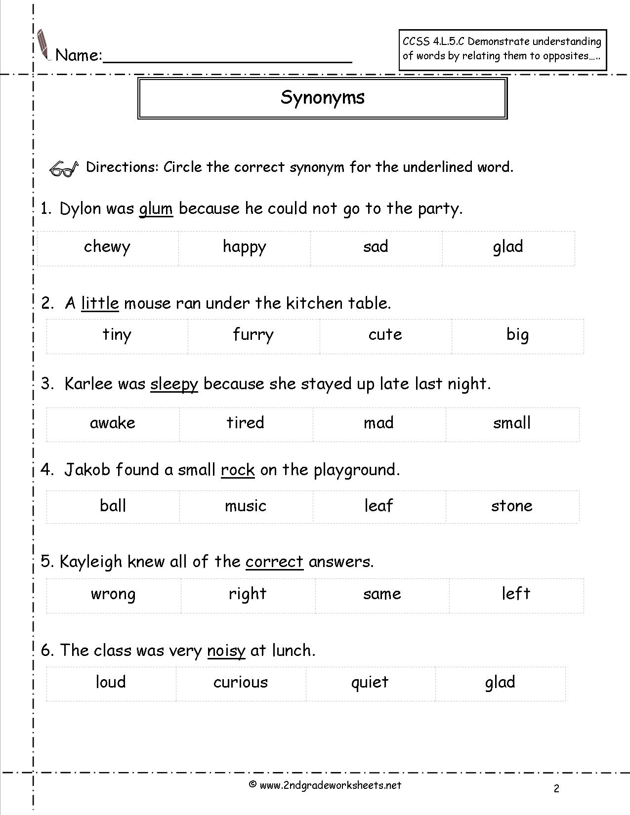 Synonyms Worksheet 2nd Grade 579312
